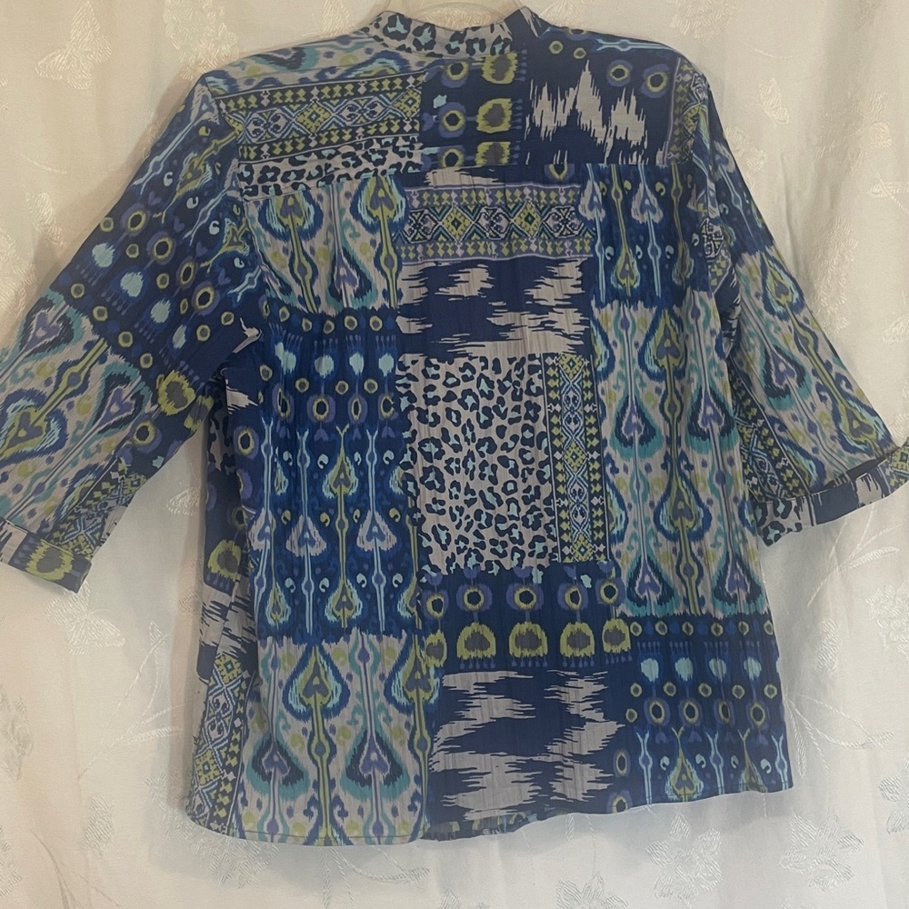 LEMON GRASS WOMAN 2X Blue and Green Button Down Blouse Preworn Great Condition - Picture 11 of 15